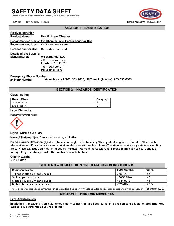 Urnex Urn & Brewer Cleaner Packets, 1 oz Packets, Box of 100 Packets Grand & Toy