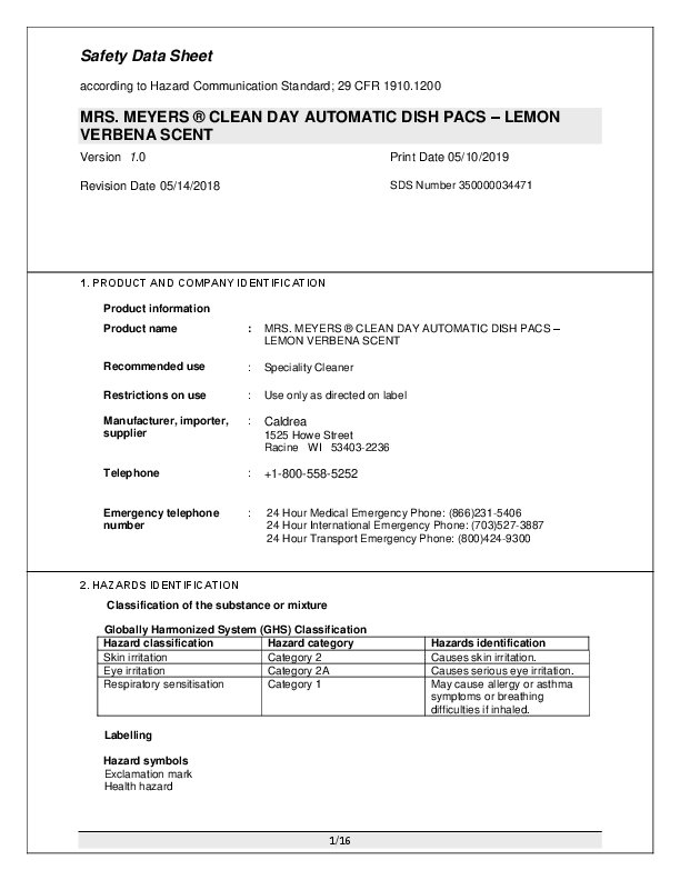 Mrs. Meyer's Clean Day Automatic Dishwasher Detergent Pods, Lemon Verbena, Pack of 20 Grand & Toy