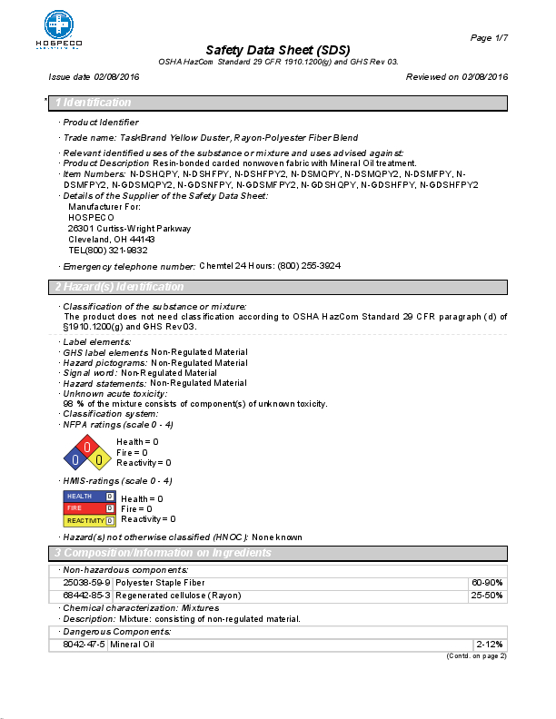 HOSPECO Taskbrand® DSM Mineral Oil Treated Duster, Yellow, 24" x 24