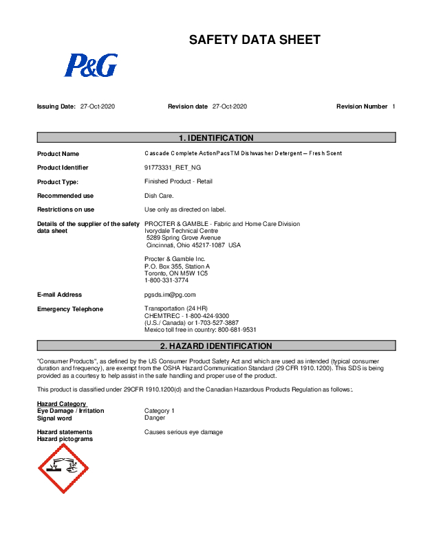 Cascade Complete Allin1 Dishwasher Detergent ActionPacs, Pack of 72