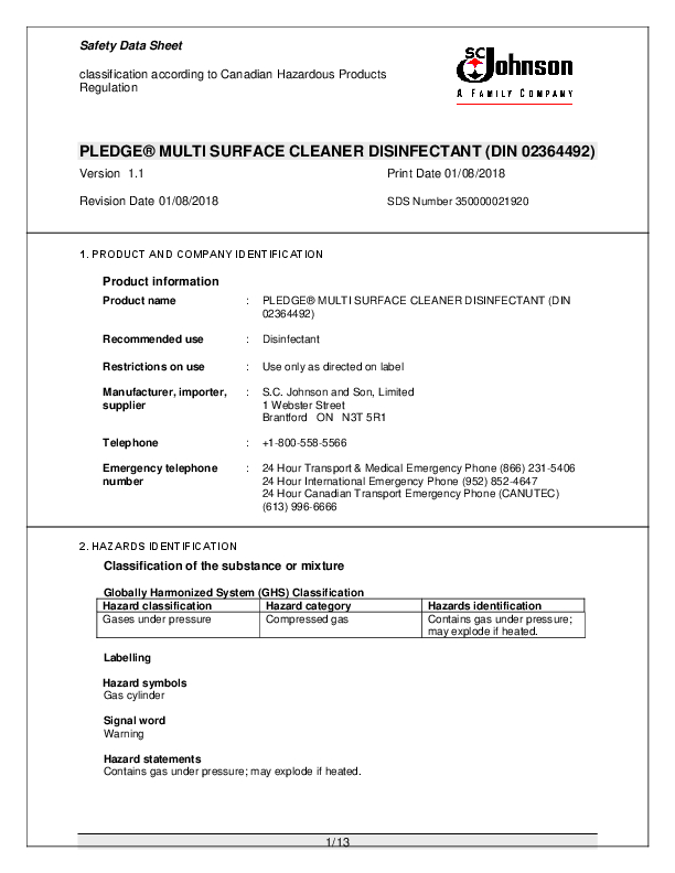 Pledge MultiSurface Disinfectant Cleaner, Aerosol Spray, Citrus Scent