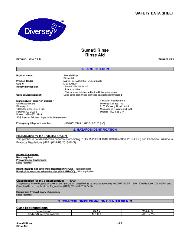 Diversey Suma® Rinse A5 Rinse Aid, 18.9 L Grand & Toy