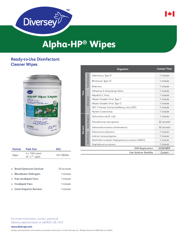 Diversey AlphaHP® Wipes, Pack of 160 Wipes Grand & Toy