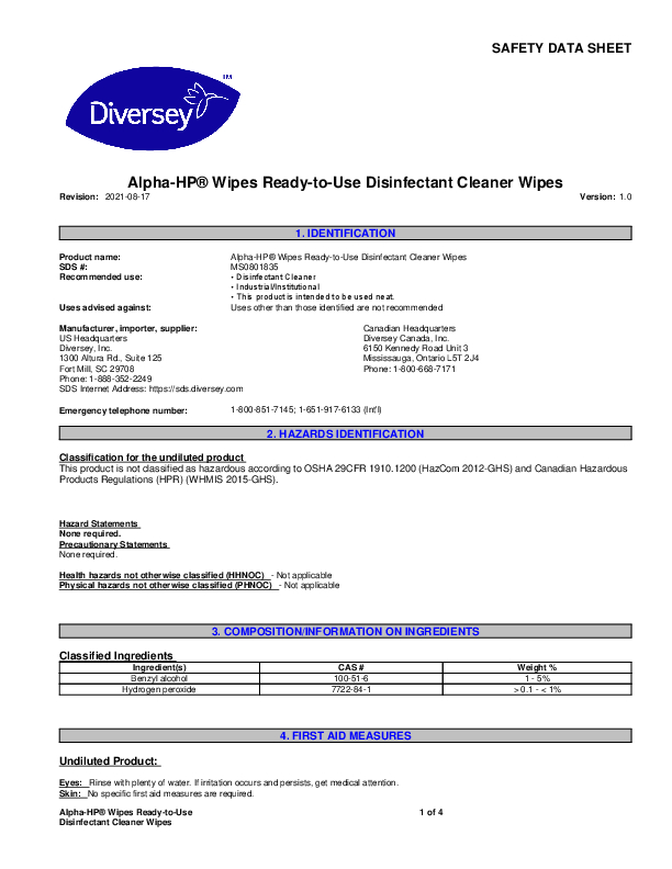 Diversey AlphaHP® Wipes, Pack of 160 Wipes Grand & Toy