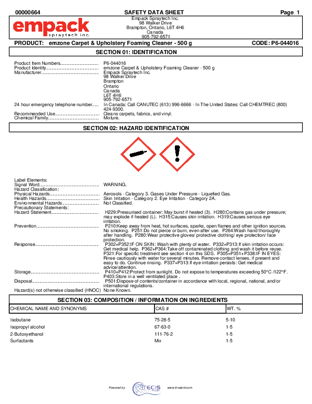 Emzone G16 Carpet And Upholstery Foam Cleaner, Aerosol Spray, 500 g
