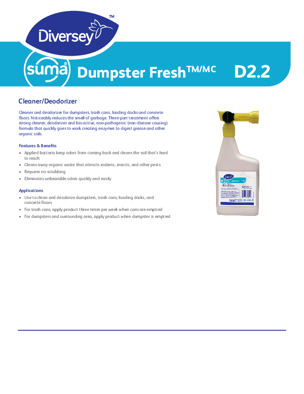 Diversey Suma Dumpster Fresh Cleaner/Deodorizer, 946 mL, Carton of 4