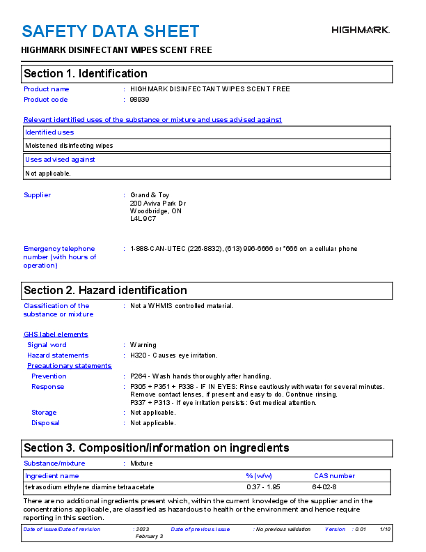 Highmark Disinfectant Wipes, Unscented, 100 Wipes Grand & Toy