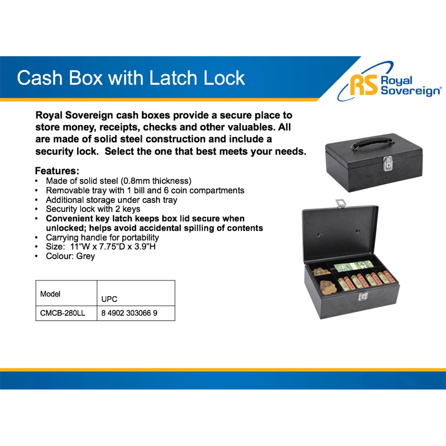 Royal Sovereign Full Size Cash Box with Latch Lock, 7 3/4" x 3 9/10" x