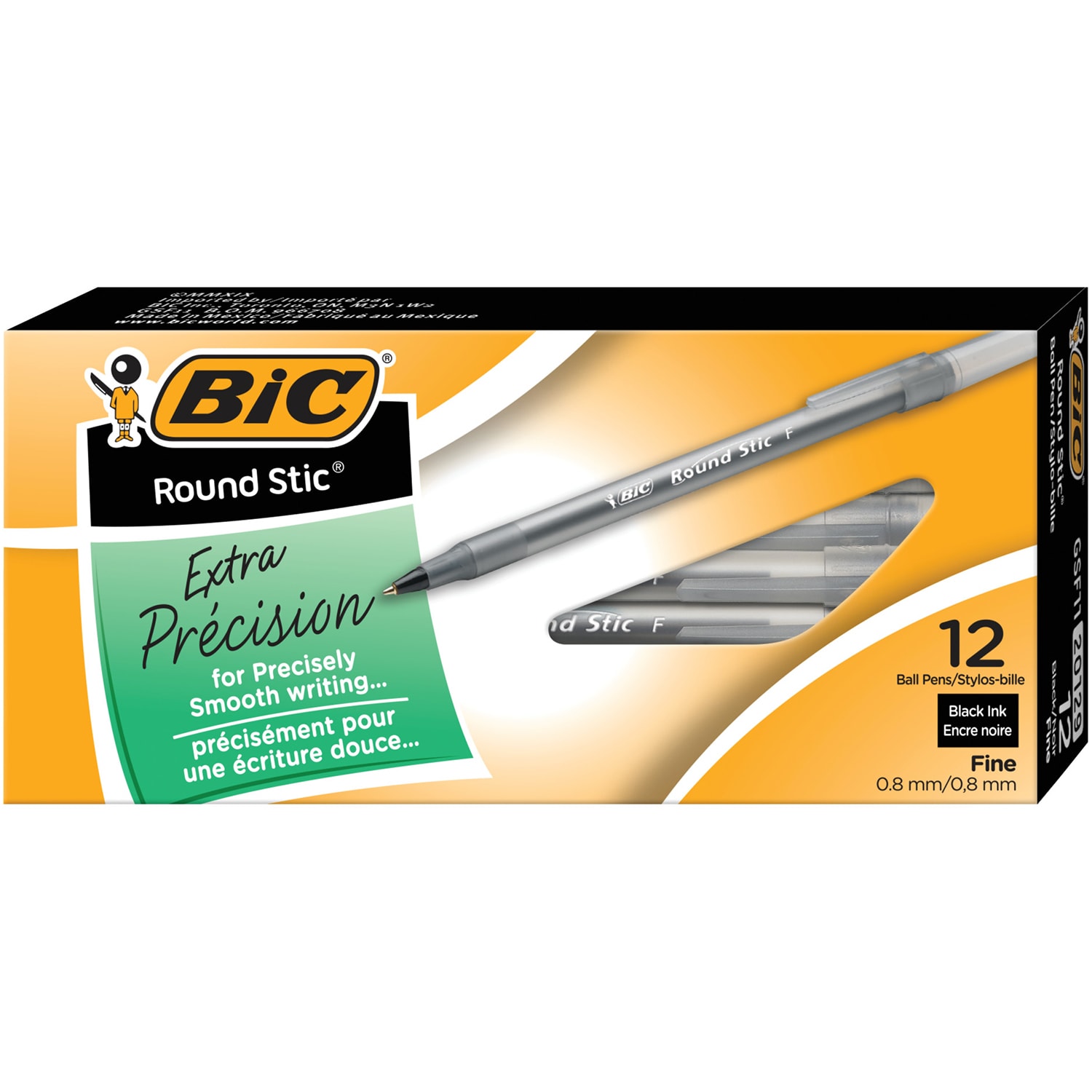 BIC Round Stic Ballpoint Stick Pens, Black, Fine Tip, 12/BX Grand & Toy