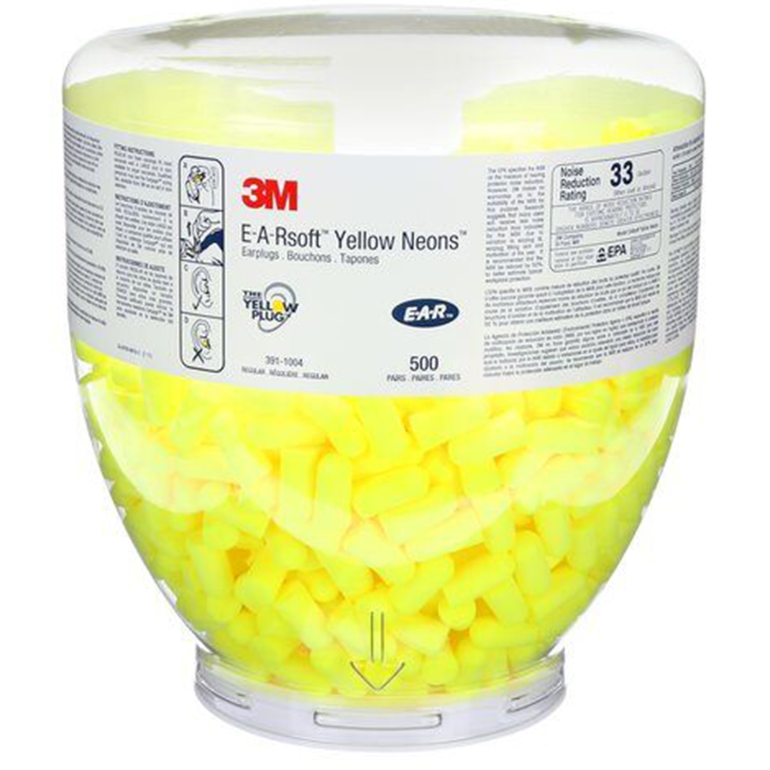 3M EAR Classic One Touch Ear Plug Refill, Neon Yellow, 500/PK, 4 Packages/CT Grand & Toy