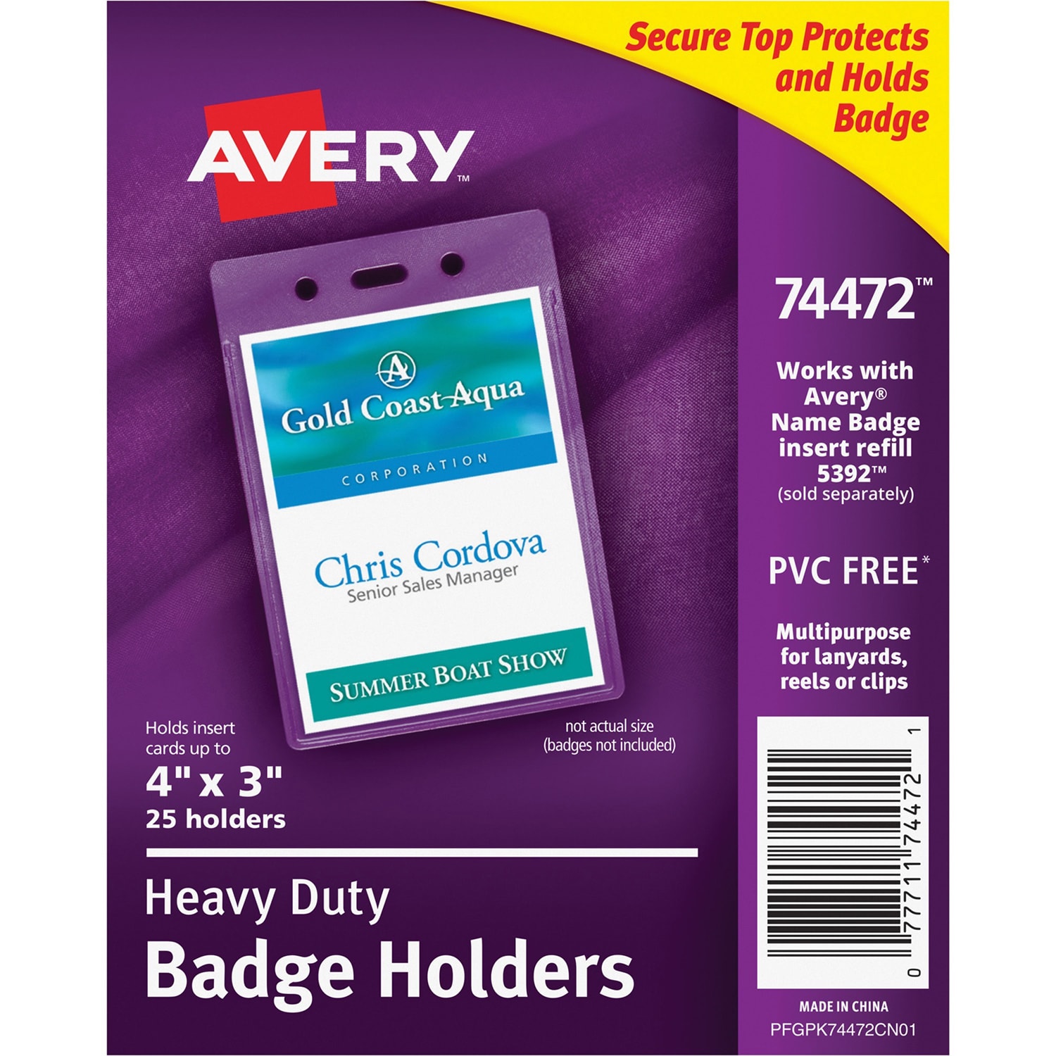 Avery Heavy Duty Flexible Secure Top Vertical Name Badge Holders, Clear
