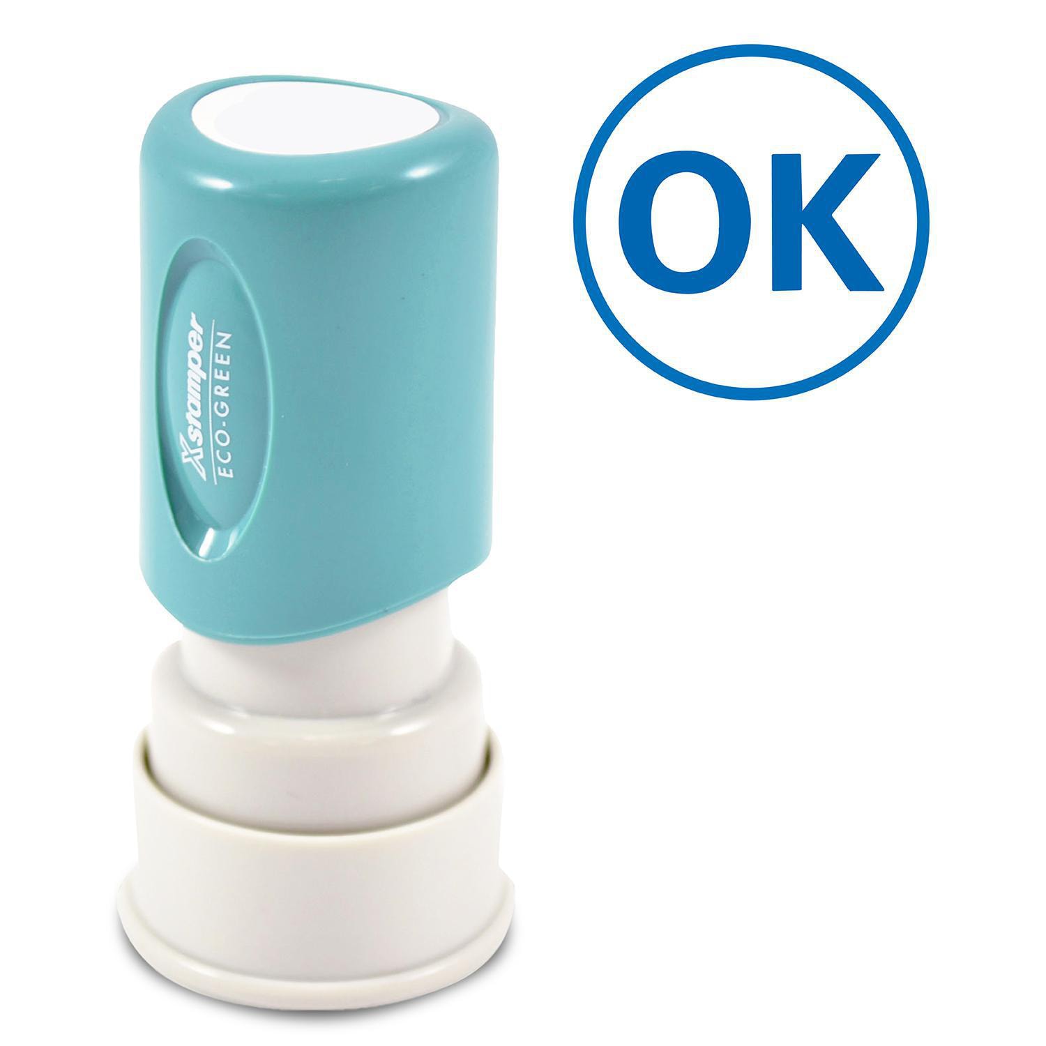 Xstamper Round PreInked Stamp, OK, Blue Ink, 5/8" Diameter Grand & Toy