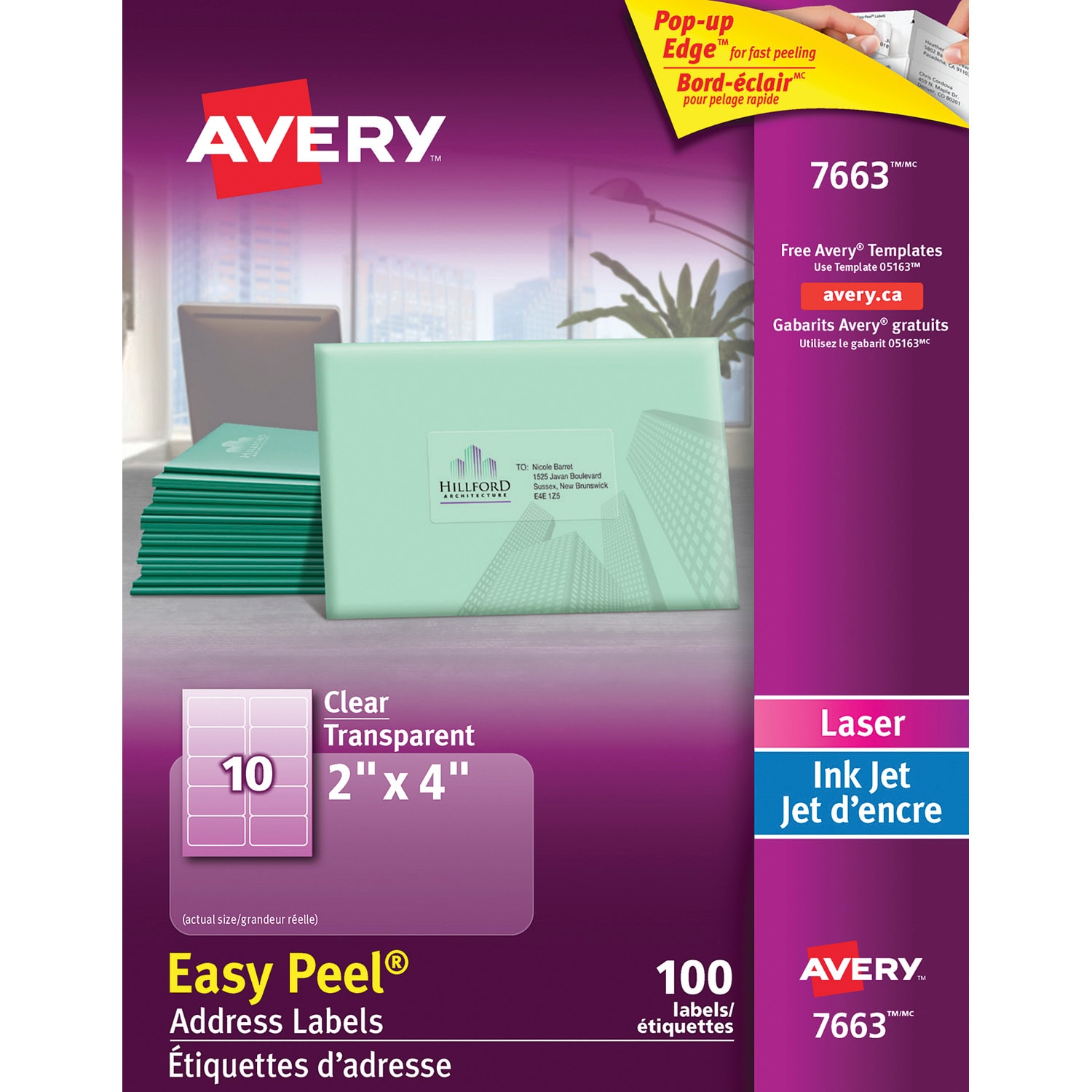Avery 7663 Glossy Easy Peel Address Labels, Clear, 2" x 4", Sheet of 10