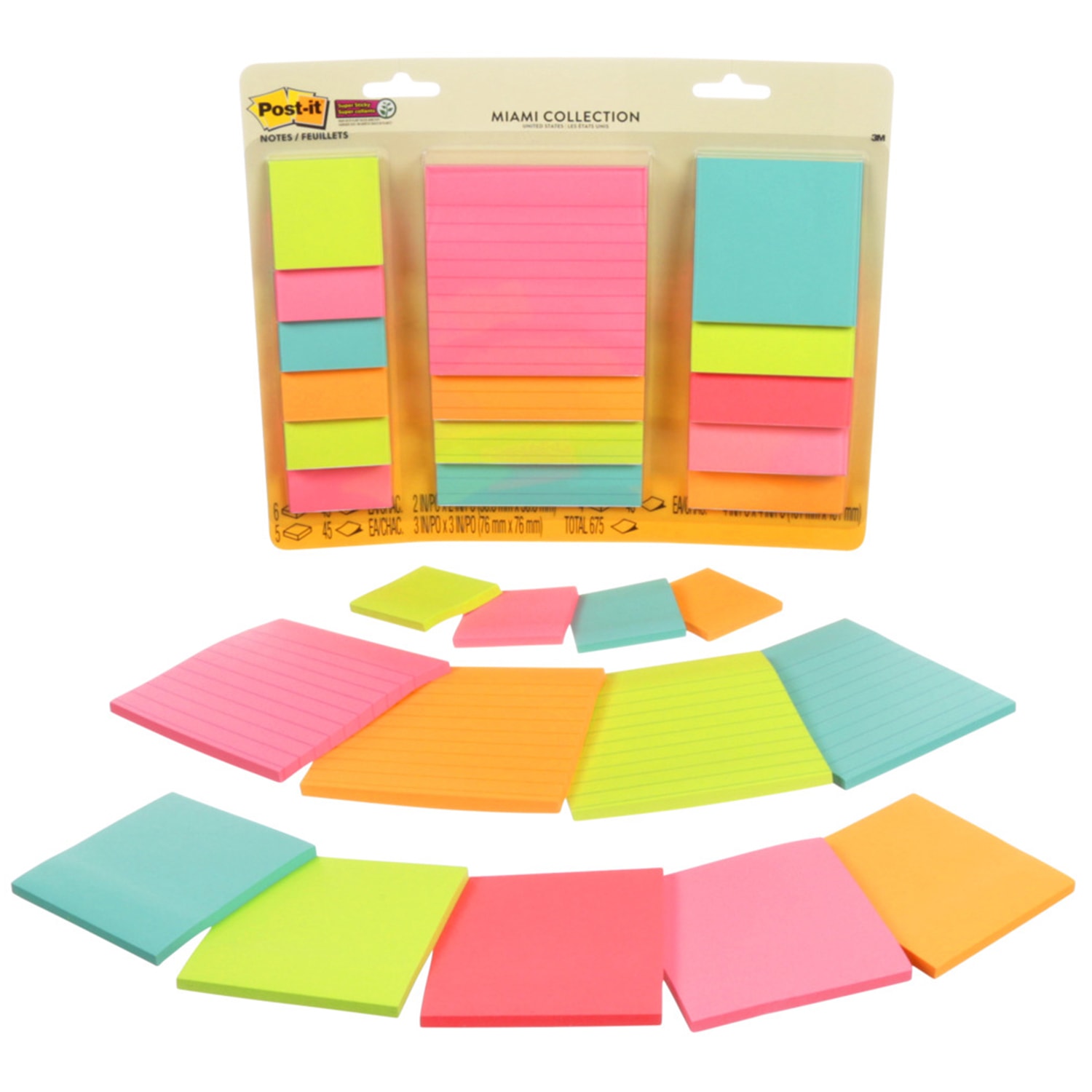 Postit Super Sticky Notes Combo Pack, Miami Collection, Assorted Sizes, 15 Pads/PK Grand & Toy
