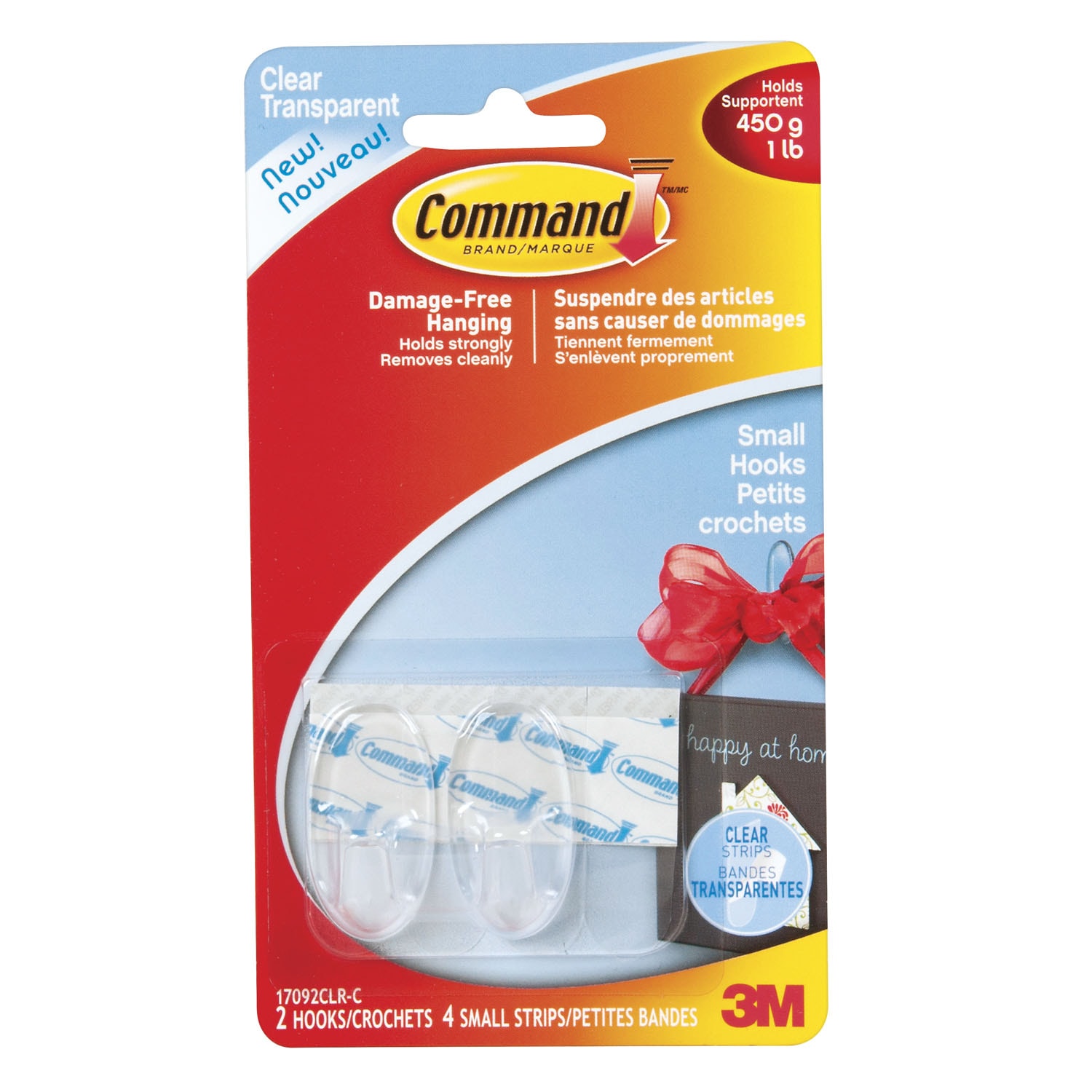 Command Clear Hooks, Small, 1 lb Capacity, 2 hooks/4 strips Grand & Toy