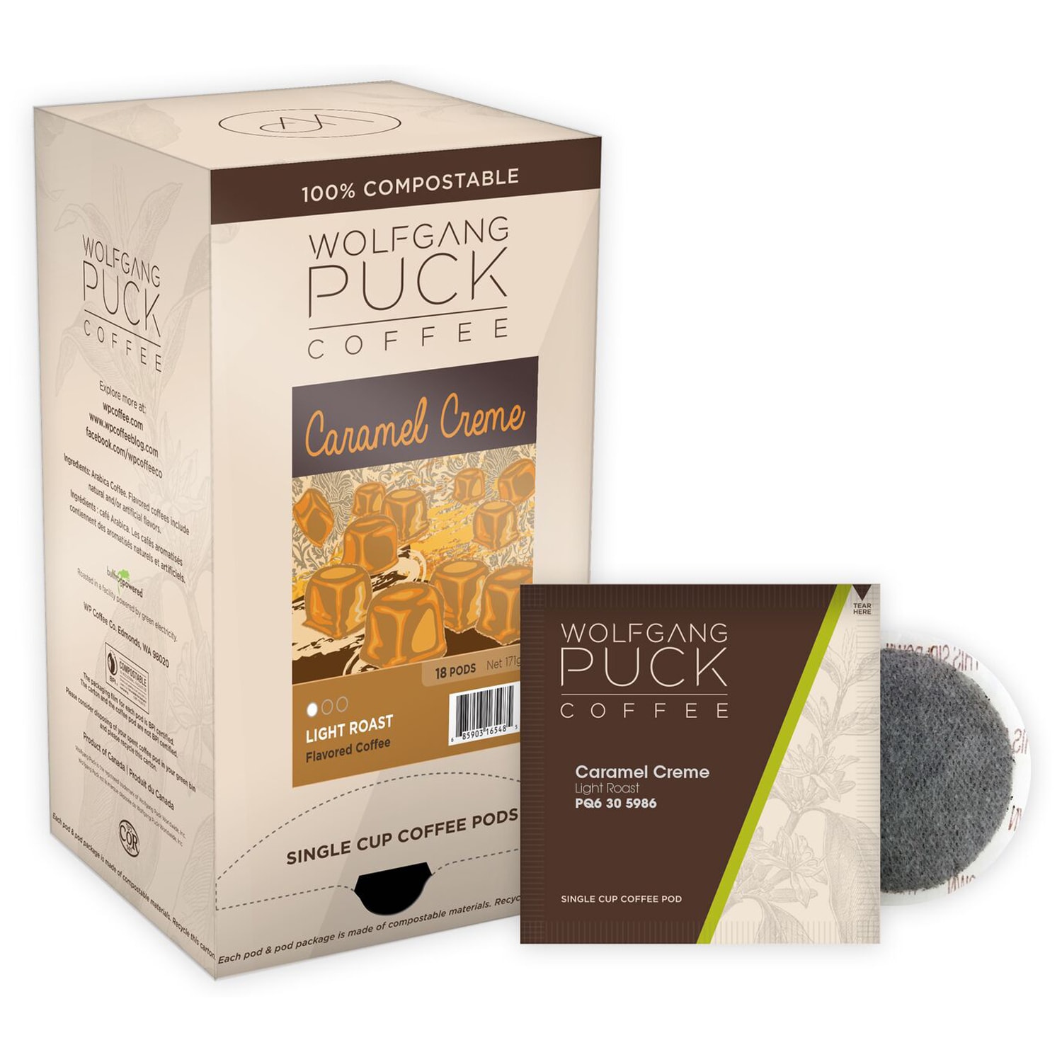 Wolfgang Puck Single Cup Coffee Pods, Caramel Creme Light Roast, 18/BX