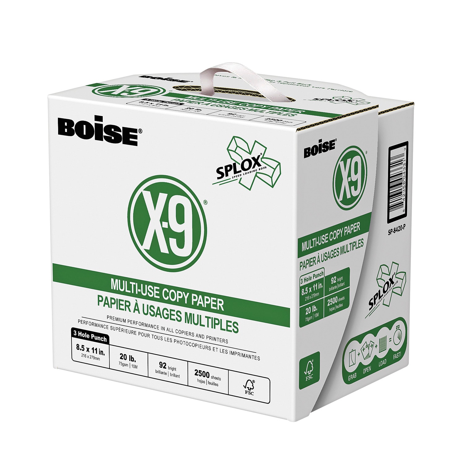 Boise X9 MultiUse 3Hole Punched Copy Paper with SPLOX Speed Loading Box, Letter Size (81/2