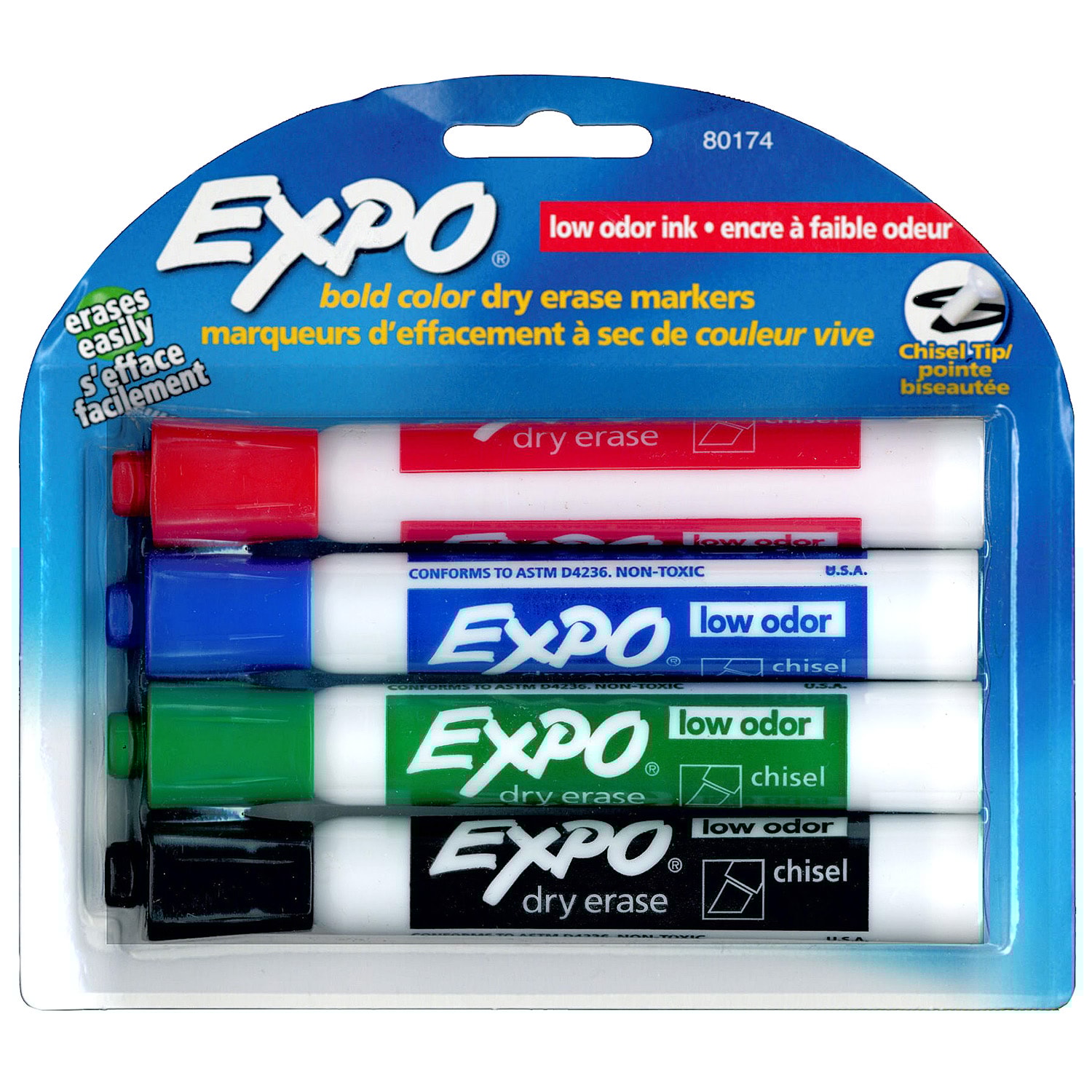 Expo LowOdour DryErase Marker, Assorted Colours, Chisel Tip, 4/PK Grand & Toy