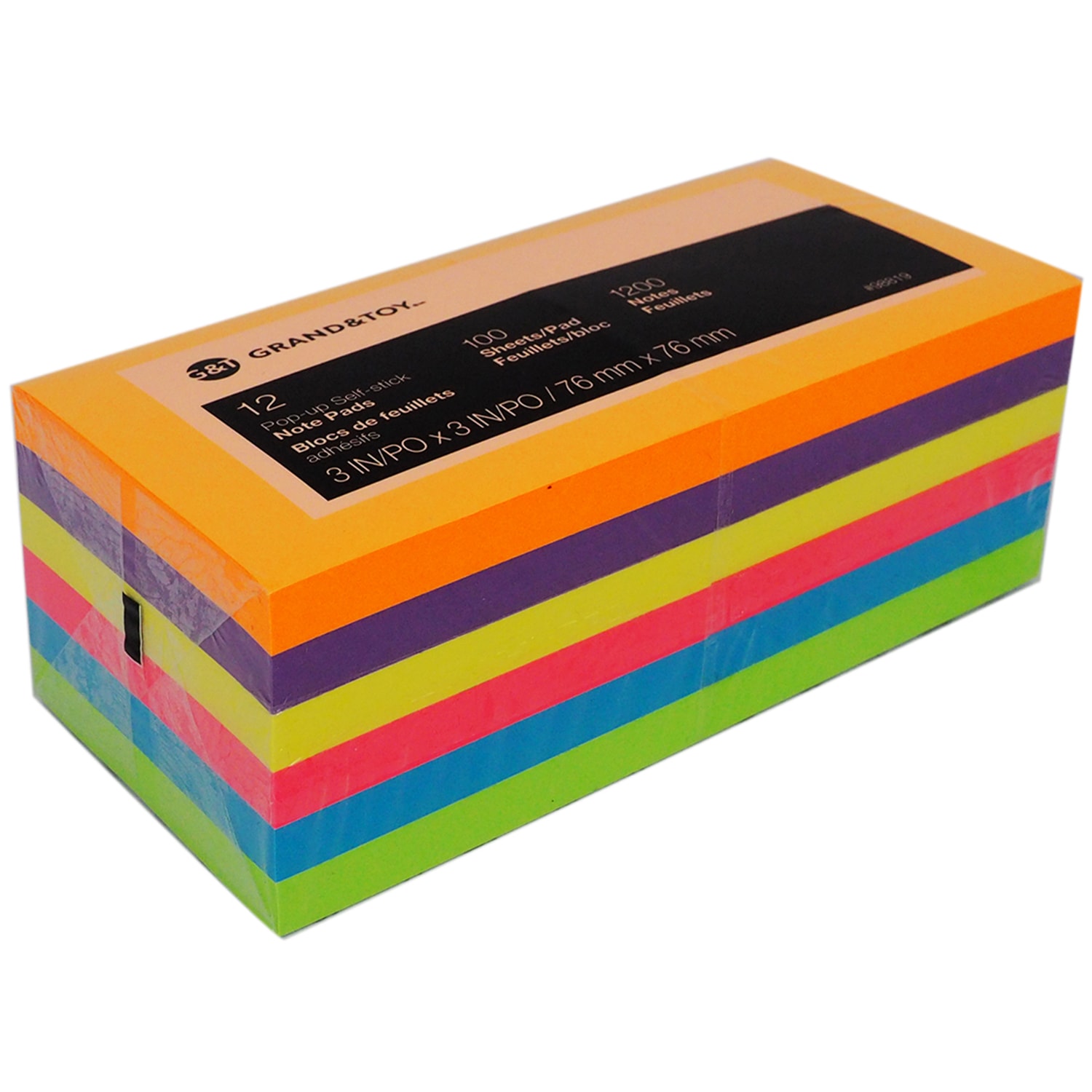 Grand & Toy 3" x 3" PopUp Sticky Notes, Assorted Deep Colours, 100