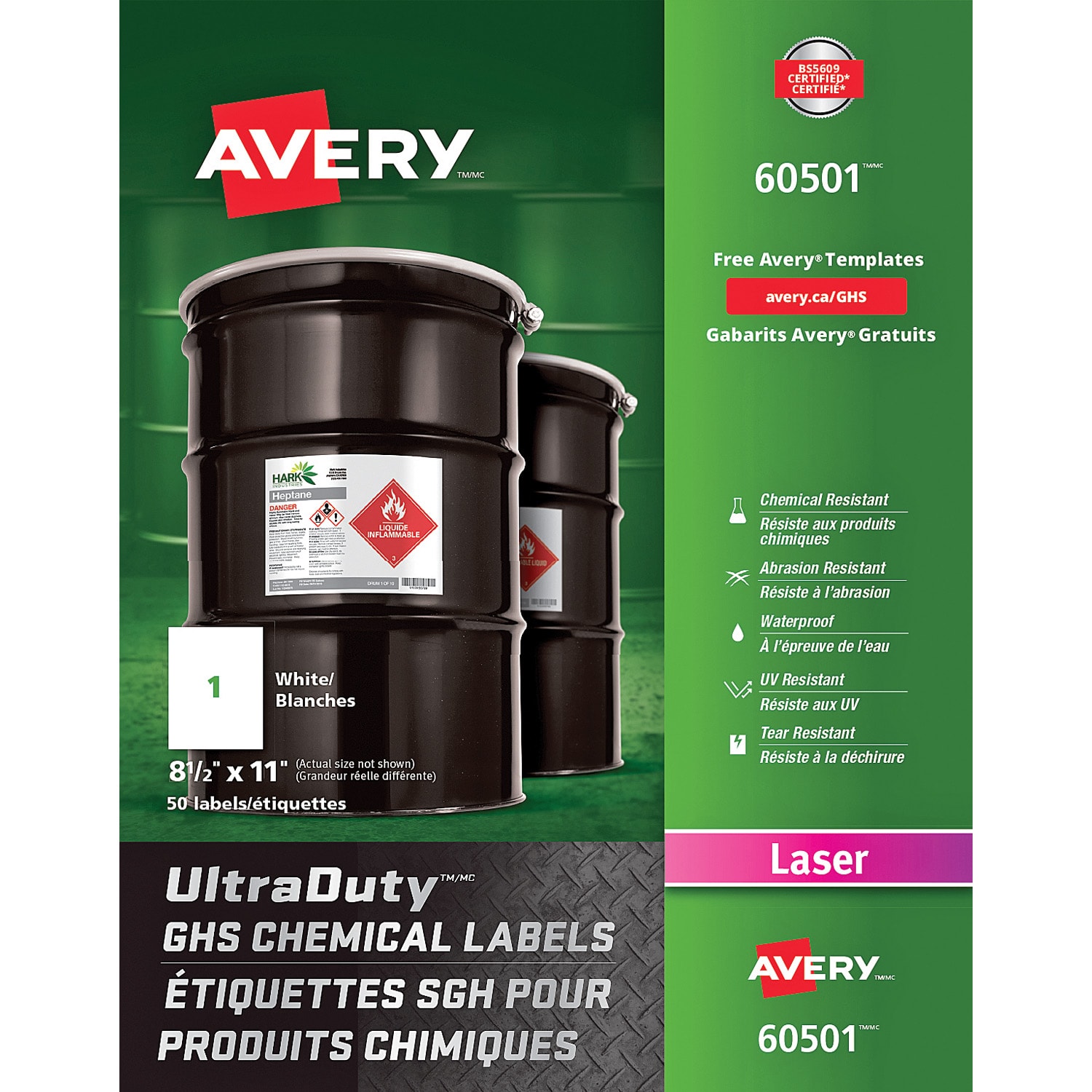 Avery UltraDuty GHS Chemical Labels, White, 8 1/2" x 11", 1 Label/Sheet