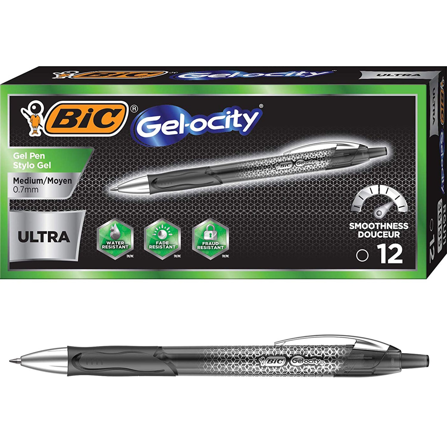 BIC Gelocity Ultra Retractable Gel Rollerball Pens, Black, Medium 0.7