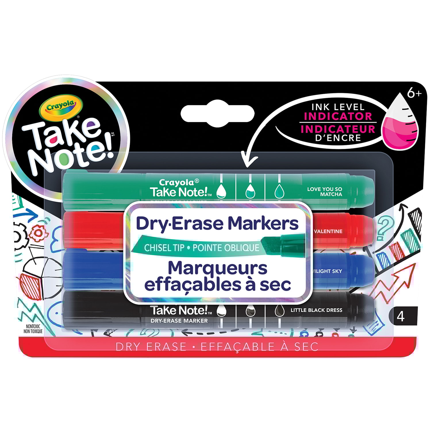 Crayola Take Note DryErase Markers, Assorted Colours, Chisel Tip, 4/PK