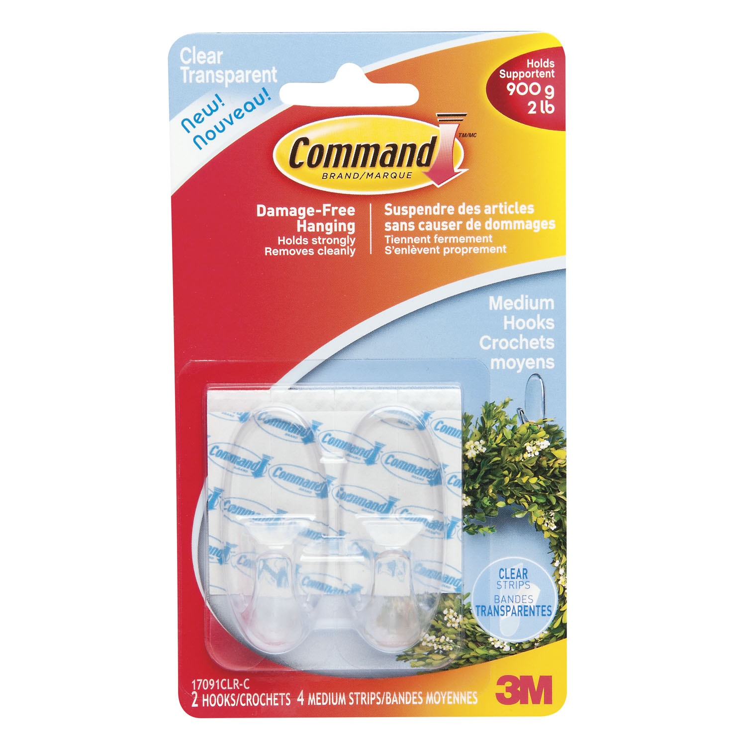 Command Clear Hooks, Medium, 2 lb Capacity, 2 hooks/4 strips Grand & Toy