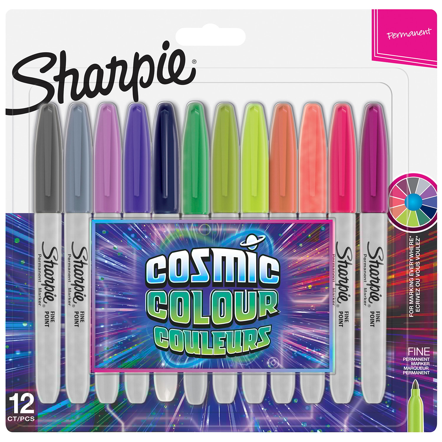 Sharpie Permanent Markers, Cosmic Colour, Assorted, Fine Tip, 12/PK
