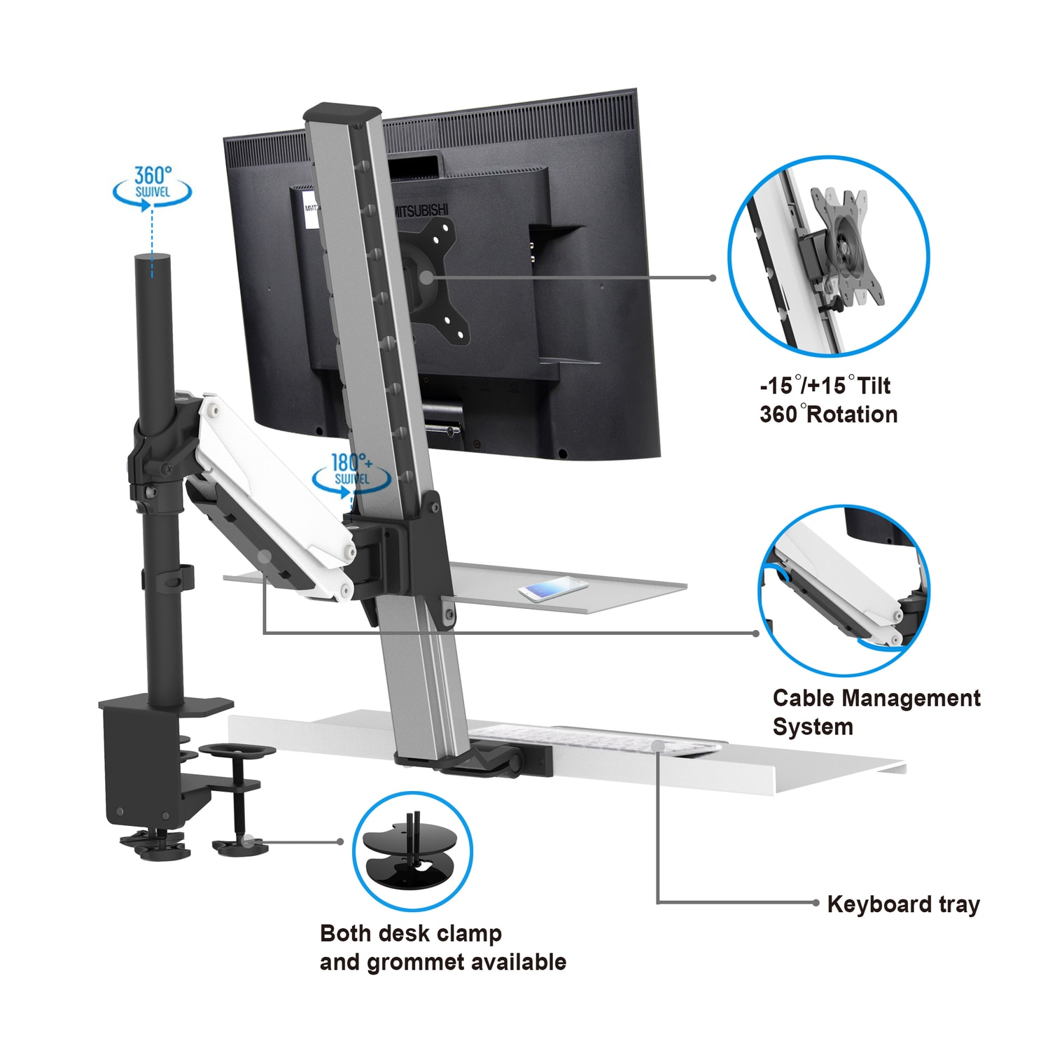 Rocelco Ergonomic Floating Desk Mount Workstation, Silver/Black Grand