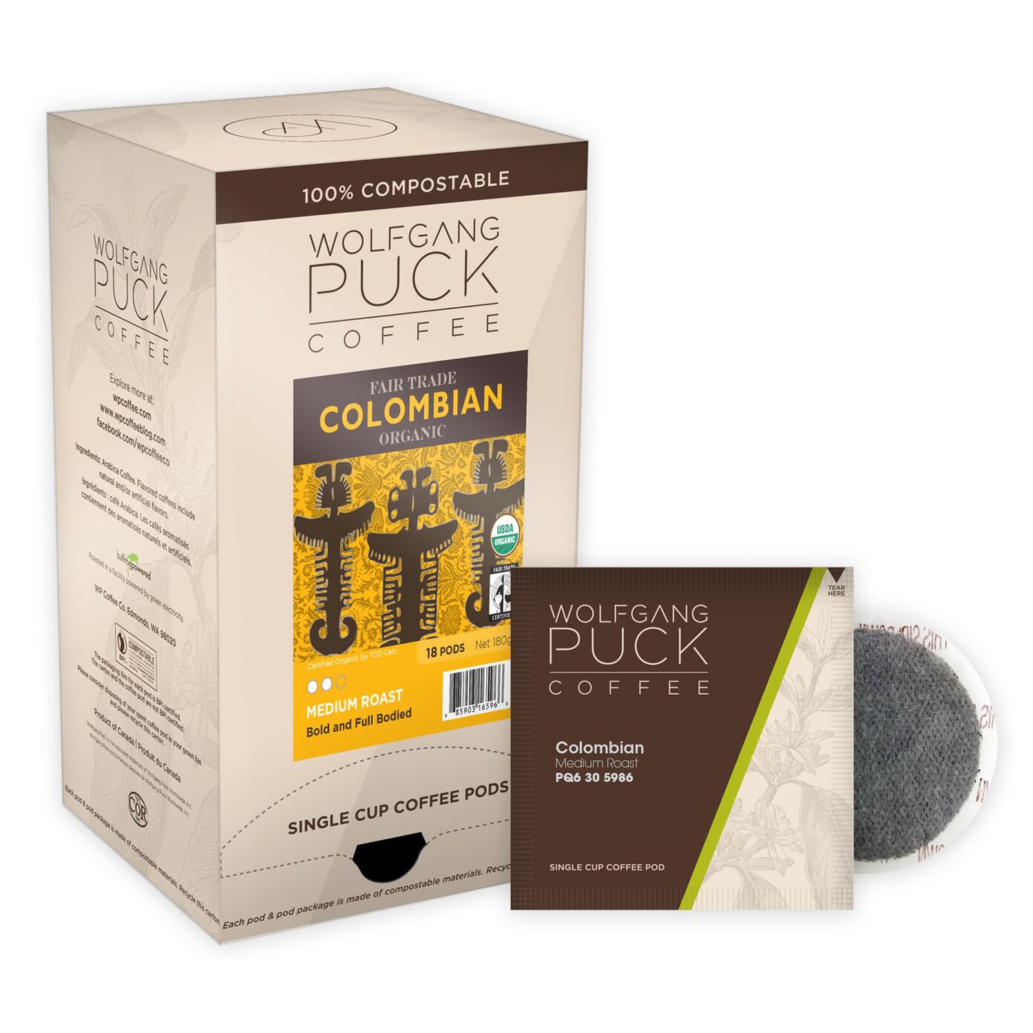 Wolfgang Puck Single Cup Coffee Pods, Colombian Medium Roast, Box of 18