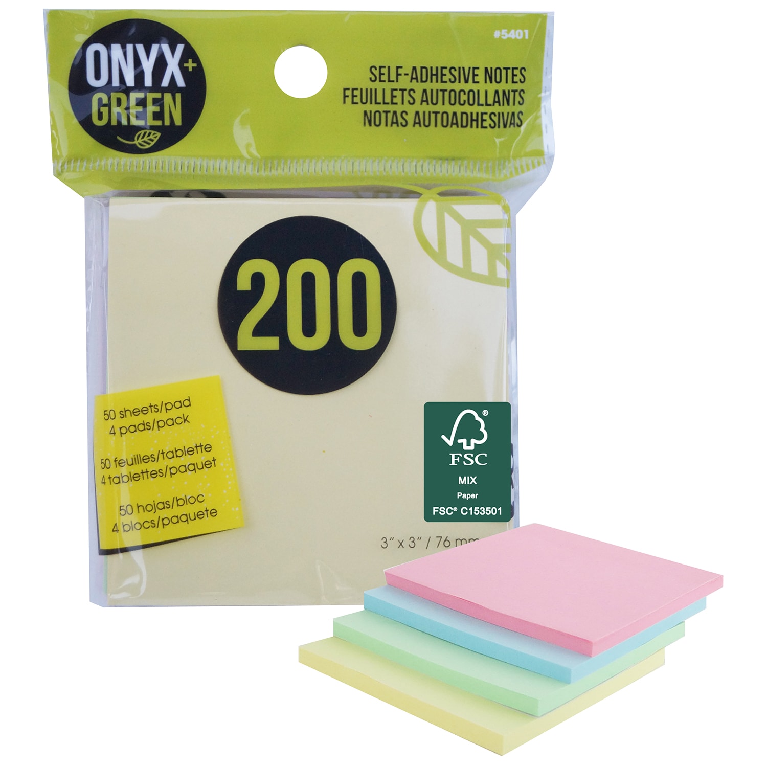 Onyx + Green SelfAdhesive Notes, Assorted Pastels, 3" x 3", 50 Sheets