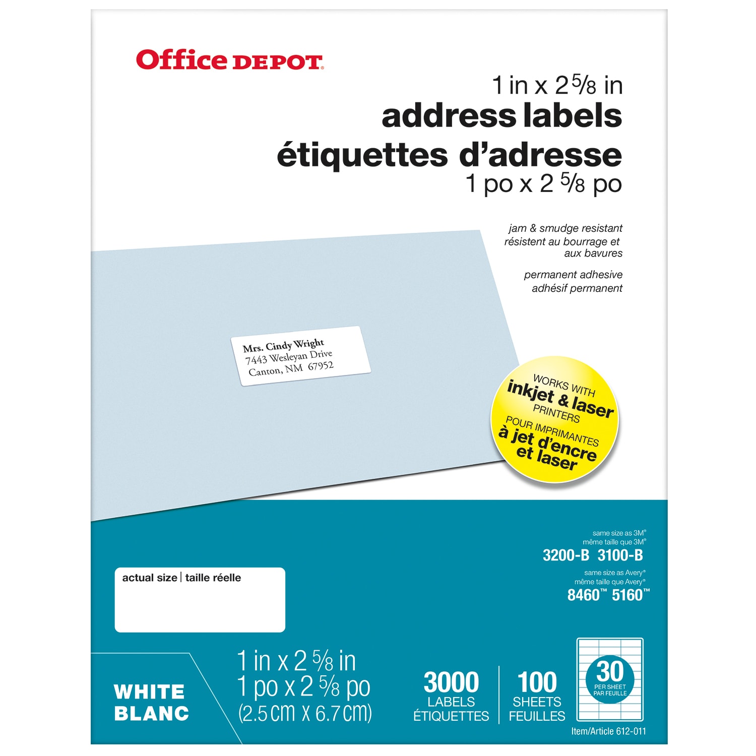 Étiquettes d'adresse Office Depot, blanc, 1 po x 2 5/8 po, emb. de 100  feuilles de 30 étiquettes