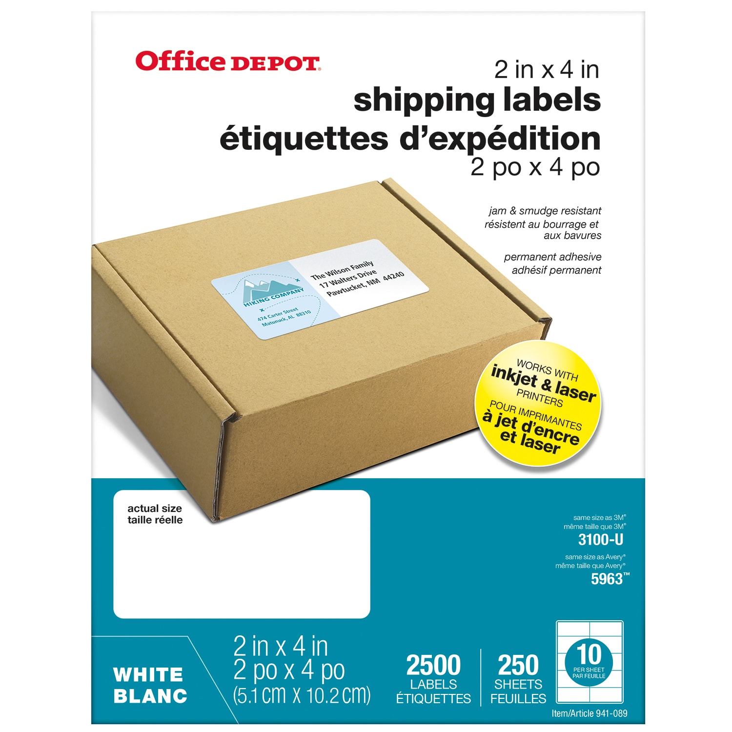 Office Depot® Laser Shipping Labels, White, 2" x 4", Sheet of 10 Labels