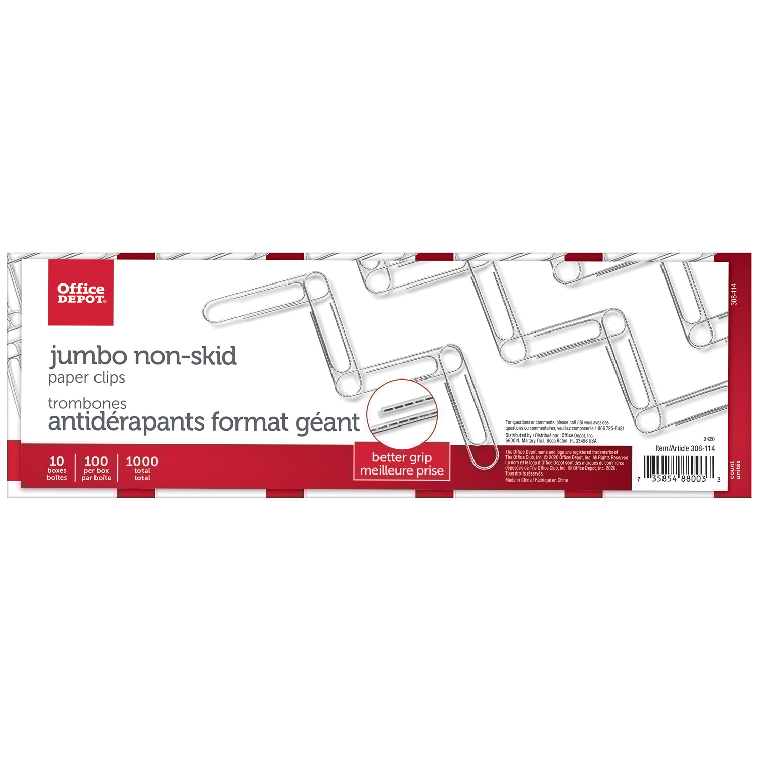 Office Depot® Jumbo Paper Clips, NonSkid, Silver, 4, Box of 100, Pack