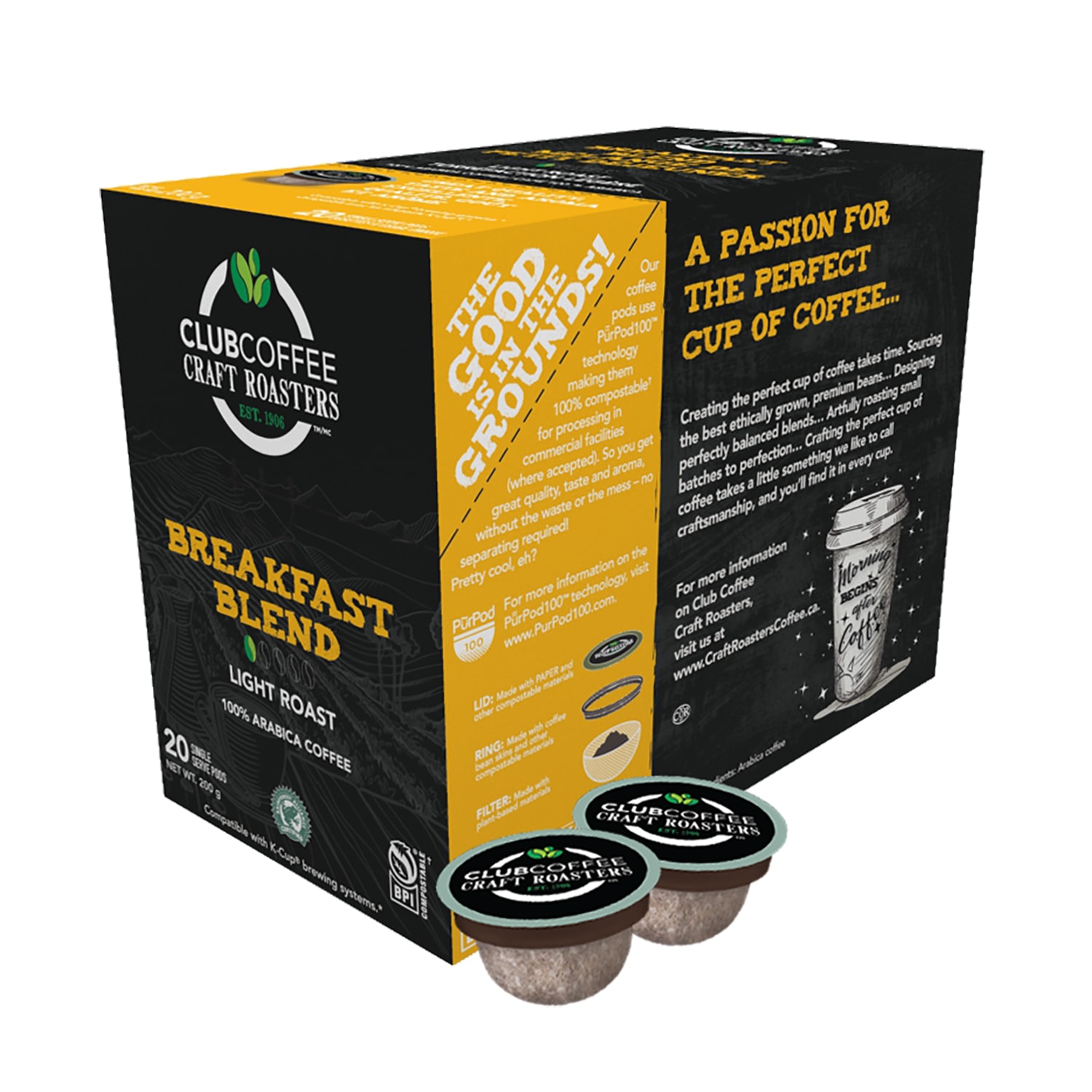 Club Coffee PURPOD100 100 Compostable SingleServe Coffee Pods