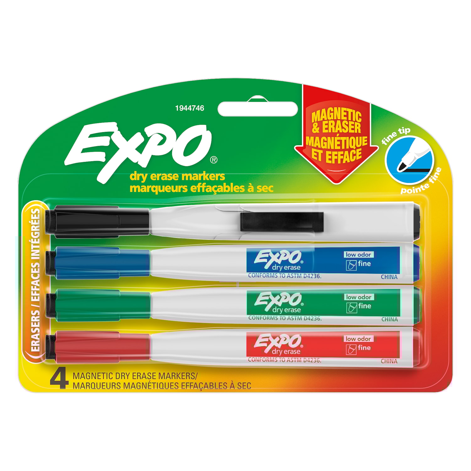 Expo DryErase Markers with Eraser, Assorted Colours, Fine, 4