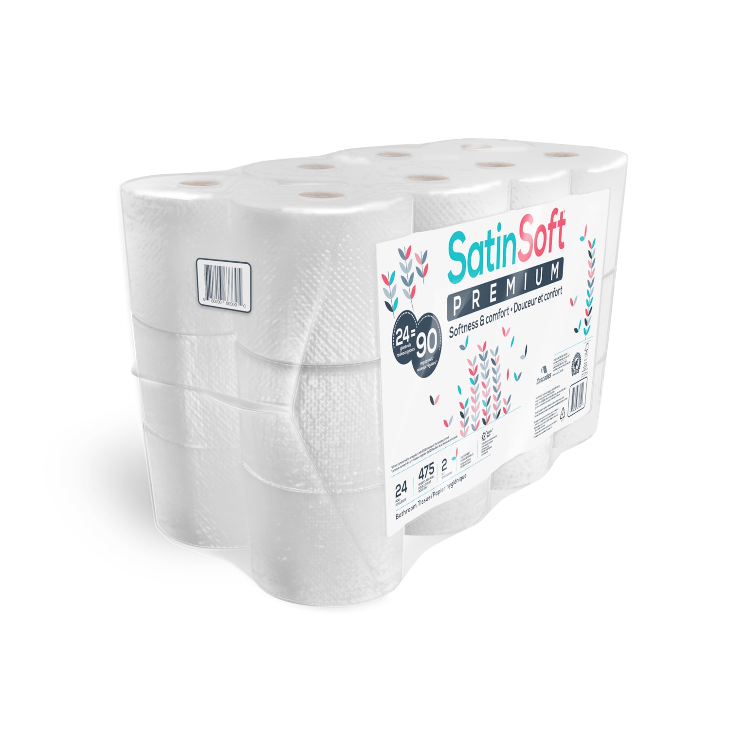 Cascades Satin Soft 2Ply Standard Toilet Paper, Roll of 475 Sheets