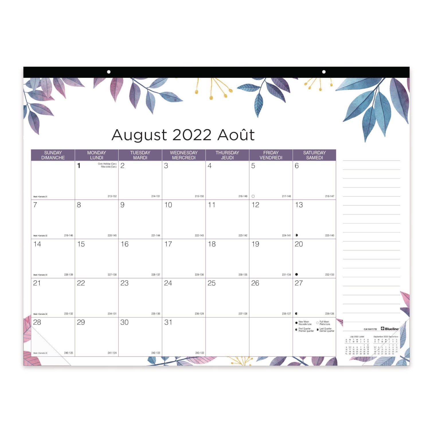 Blueline Academic Desk Pad Calendar, Foliage Design, 22" x 17", August