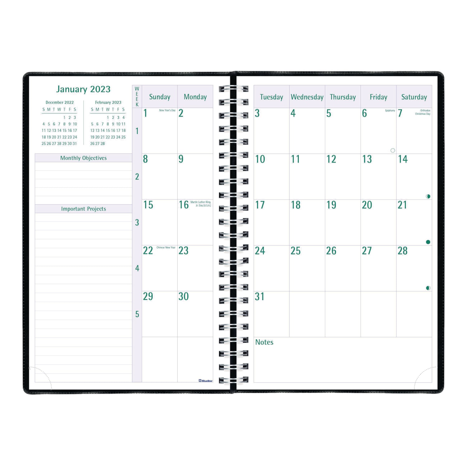 Blueline Timanager 13 Month Weekly Planner 9 1 16 X 5 7 8 Black