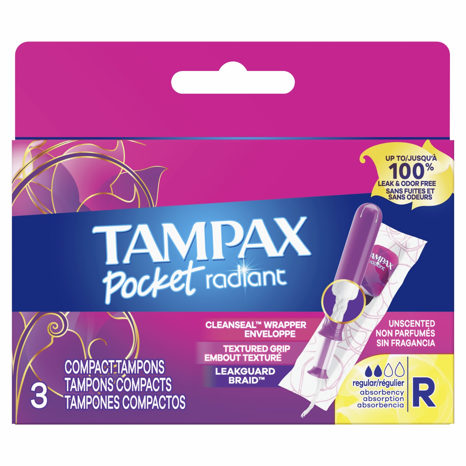 Tampax Pocket Radiant Tampons, Pack of 3, Case of 18 Packs Grand & Toy