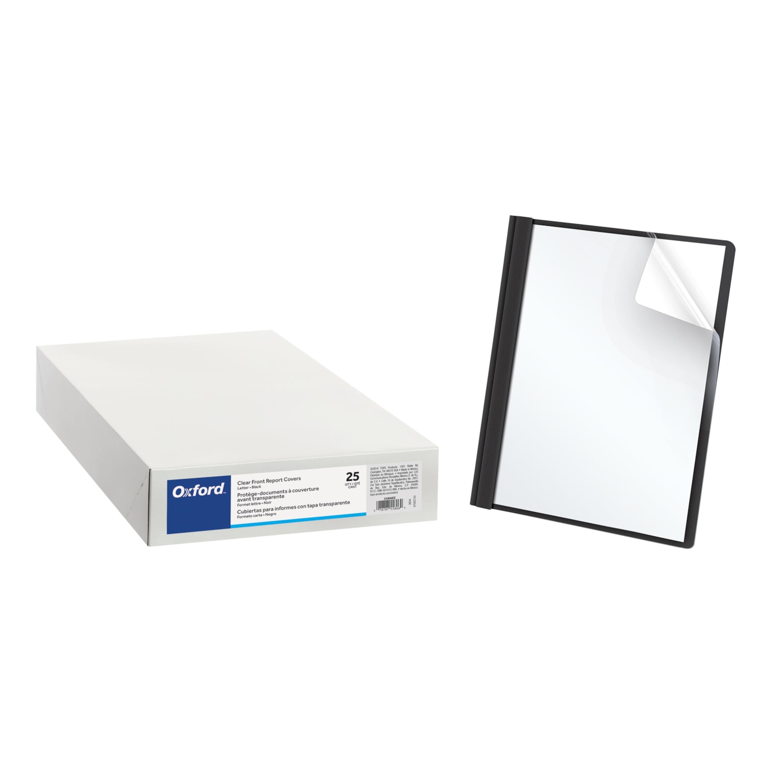 Oxford Clear Front LetterSize Report Covers with Prongs, Black, Box of