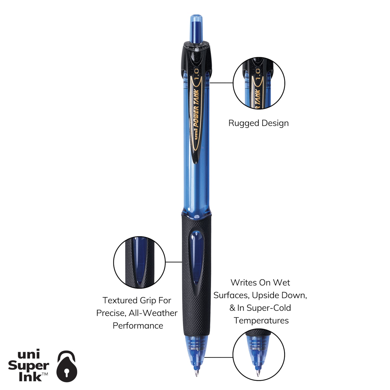 uni® Power Tank Retractable Ballpoint Pens 1 mm Pen Point Medium Marker Point Refillable