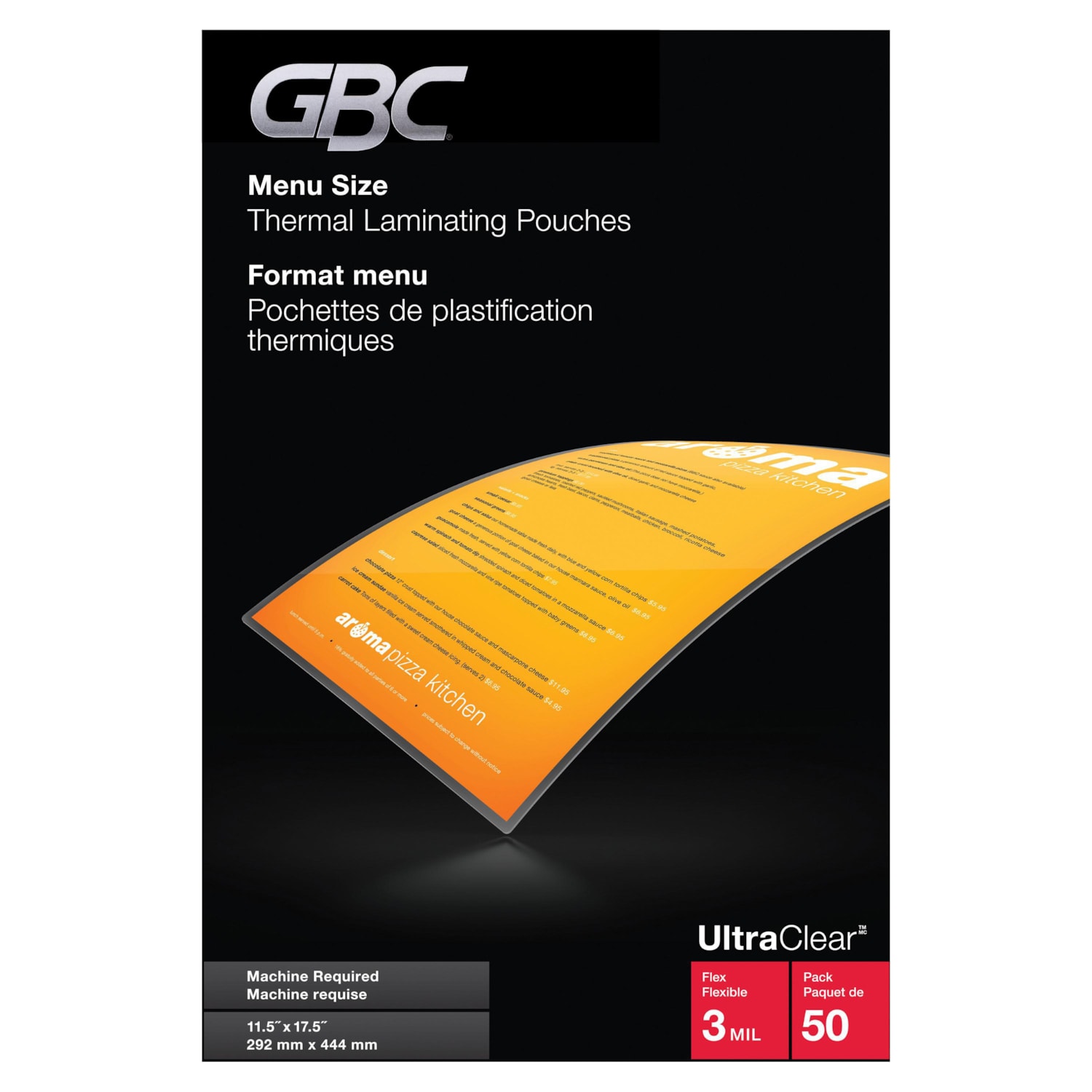 GBC UltraClear MenuSize Thermal Laminating Pouches, 3 mil, Box of 50