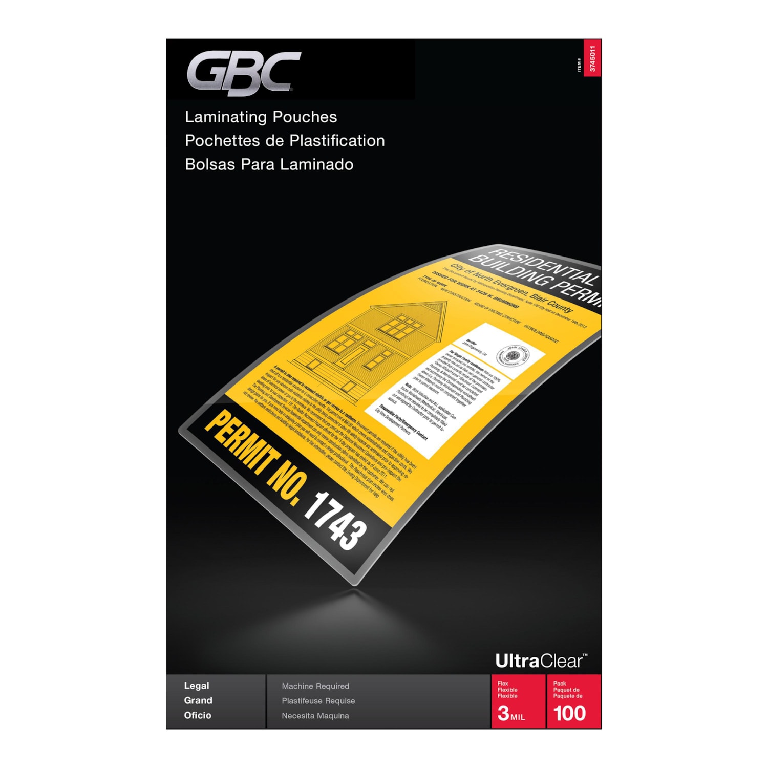 GBC UltraClear LegalSize Thermal Laminating Pouches, 3 mil, Box of 100