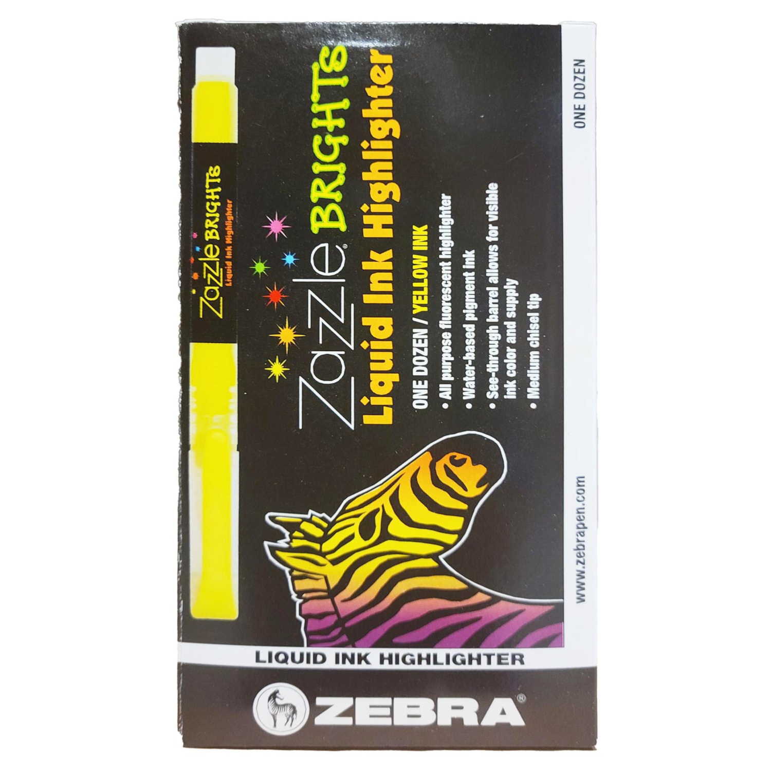 Zebra Zazzle Brights Liquid Ink Highlighters, Yellow, Chisel Tip, Box