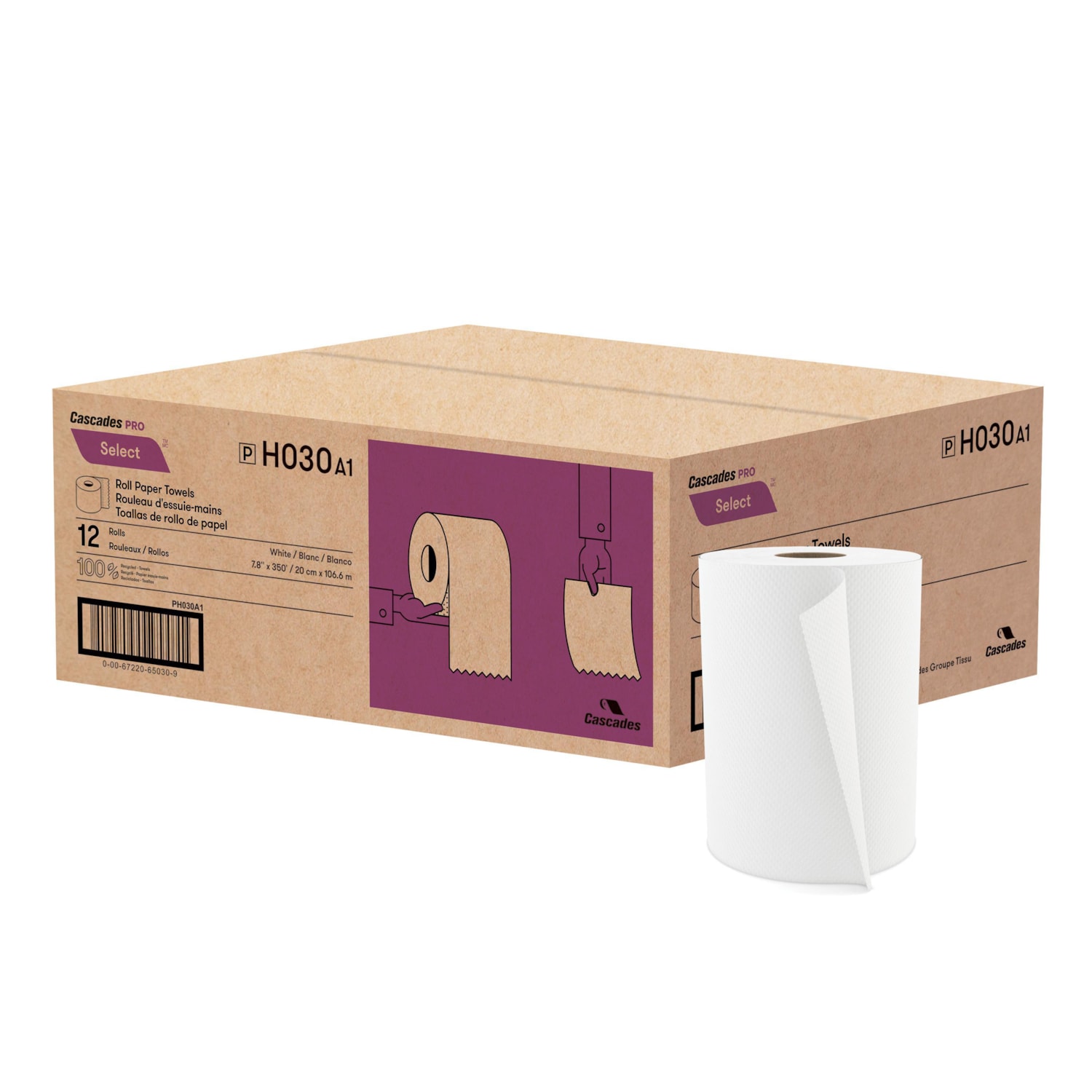 Cascades Pro Select® 1Ply Roll Paper Towel, White, 74/5" x 350', Case