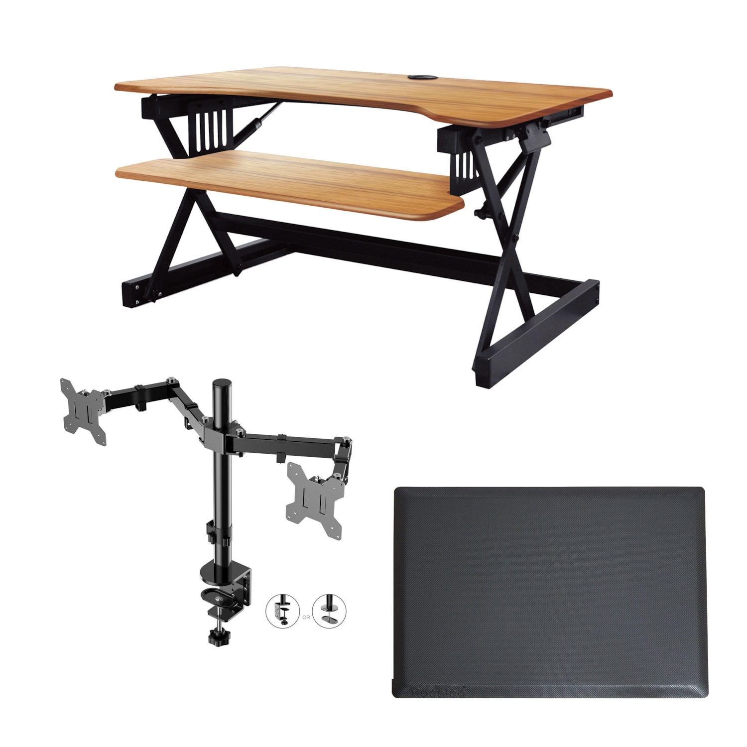 Rocelco 40" Adjustable Desk Riser in Teak, Double Monitor Arm and Anti