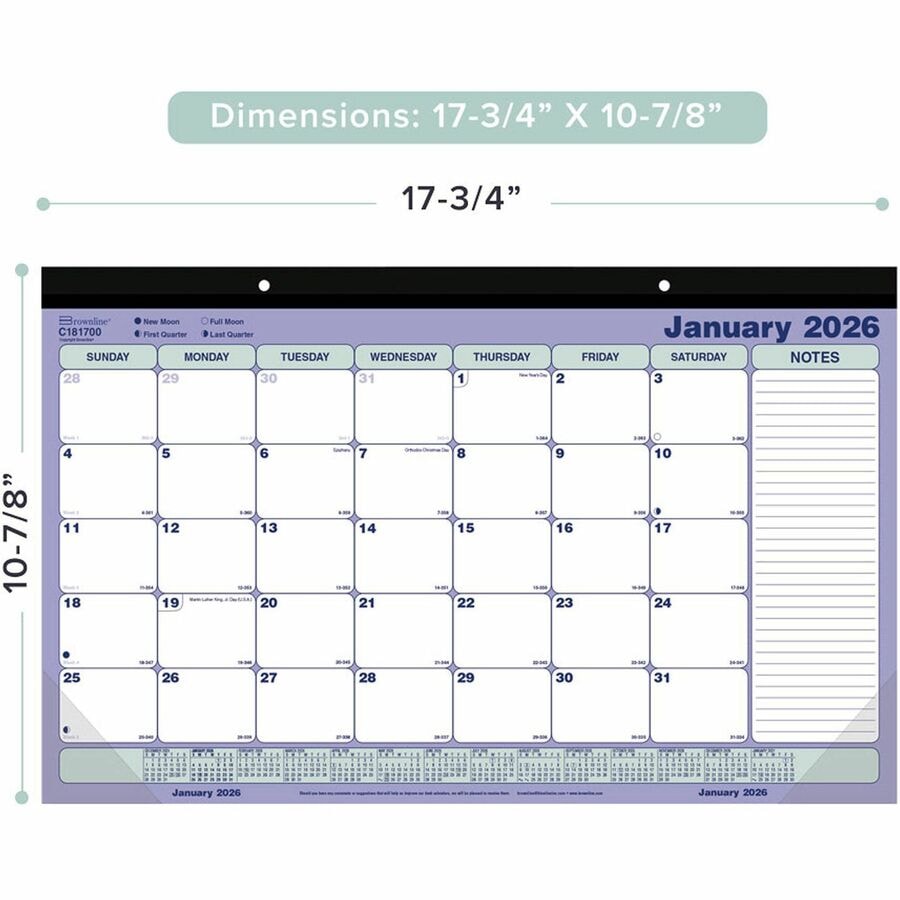 Monthly Desk Pad Calendar, 3-Hole Punched, 11 X 8.5, White/Blue/Green Sheets, Black Binding, 12-Month (Jan To Dec): 2026 | Bundle Of 10