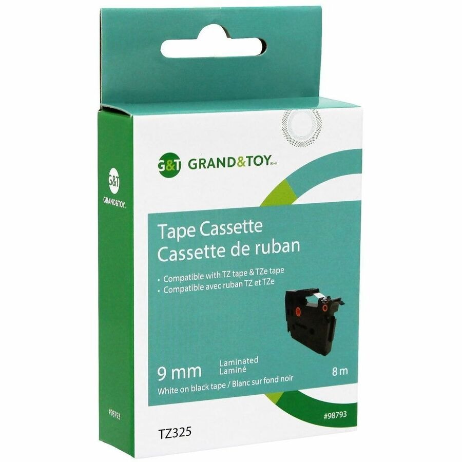 Grand & Toy TZe Laminated Label Tape - 9 mm x 8 m - White on Black Grand & Toy TZe Laminated Label Tape - 9 mm x 8 m - White on Black