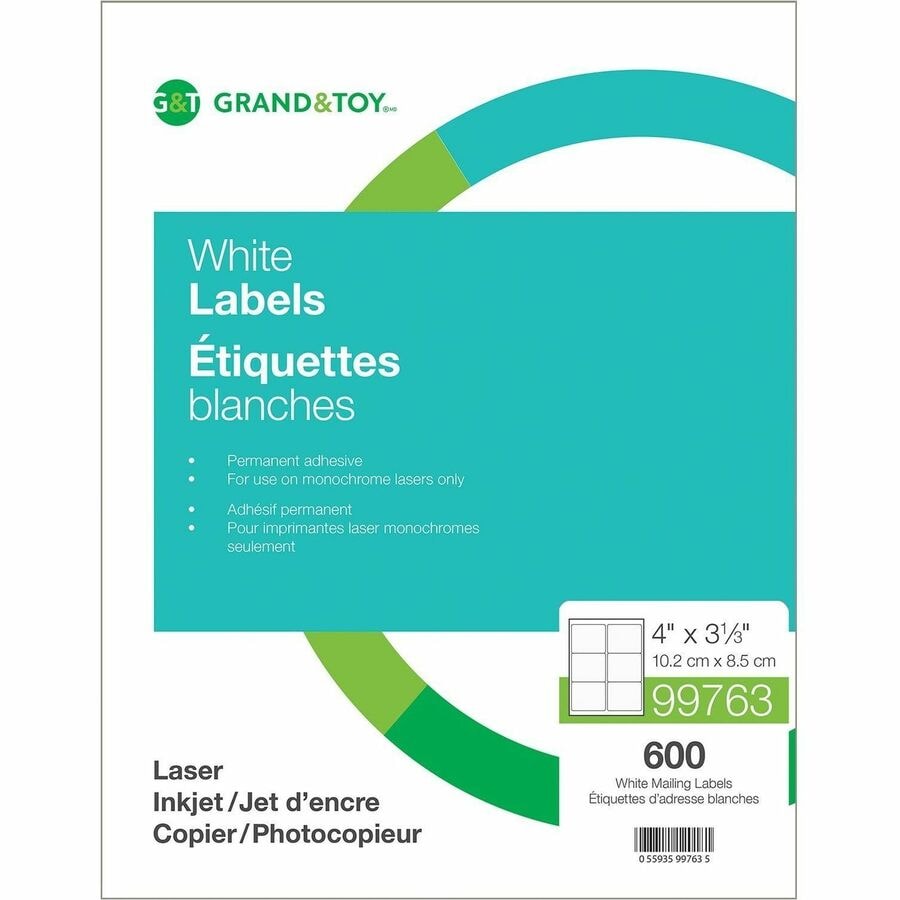 Grand & Toy Mailing Laser Labels, White, 4